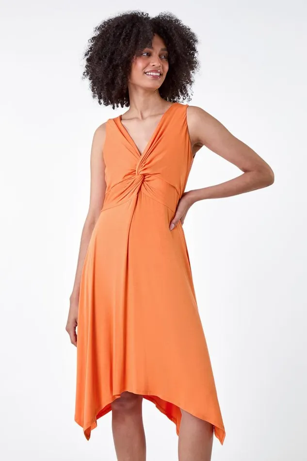Orange Twist Front Hanky Hem Stretch Dress Women Roman Dresses
