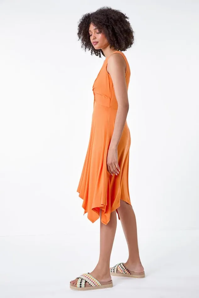 Orange Twist Front Hanky Hem Stretch Dress Women Roman Dresses