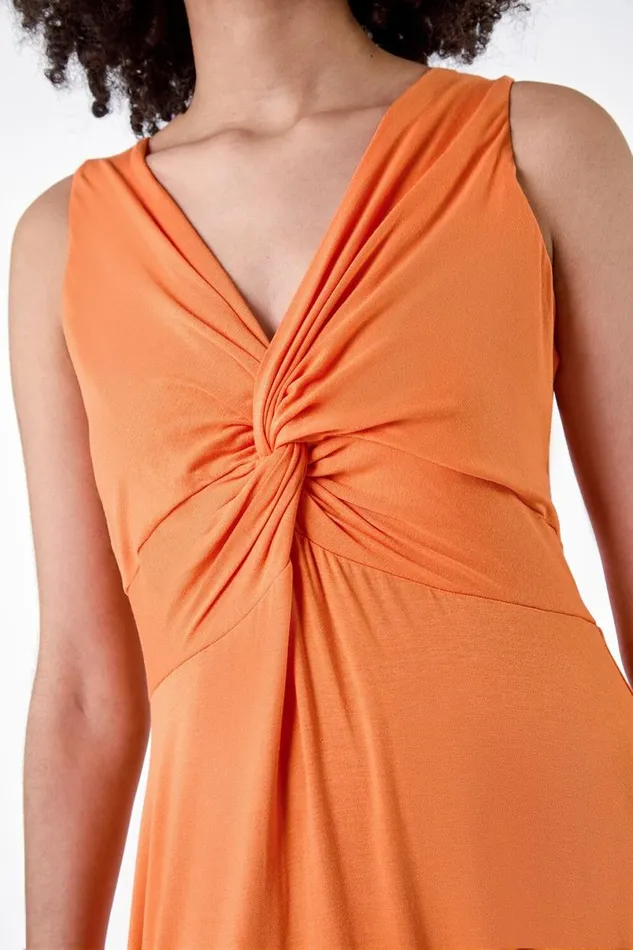 Orange Twist Front Hanky Hem Stretch Dress Women Roman Dresses