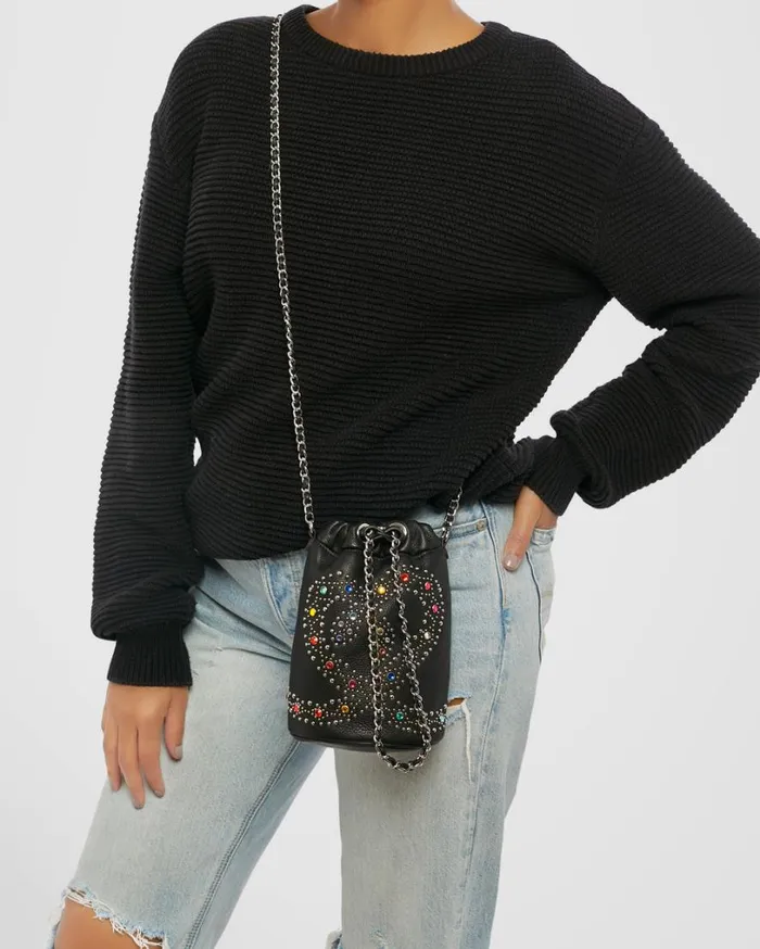 Outta Here Novelty Drawstring Pouch Black Snake Studs Women Aimee Kestenberg Clutches