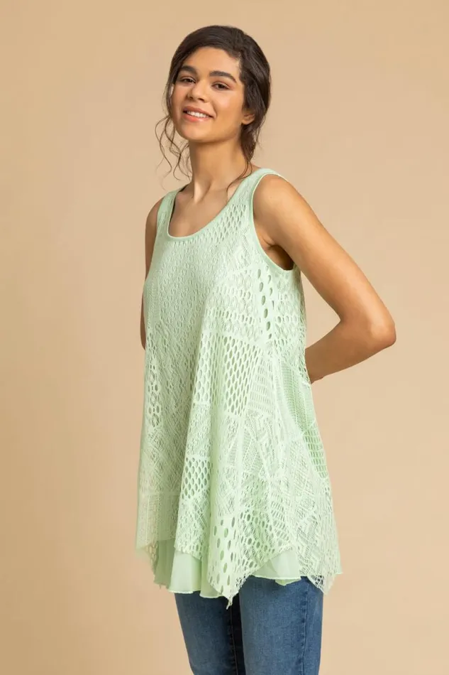 Pale Green Stretch Lace Hanky Hem Vest Top Women Roman Tops