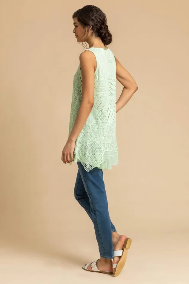 Pale Green Stretch Lace Hanky Hem Vest Top Women Roman Tops