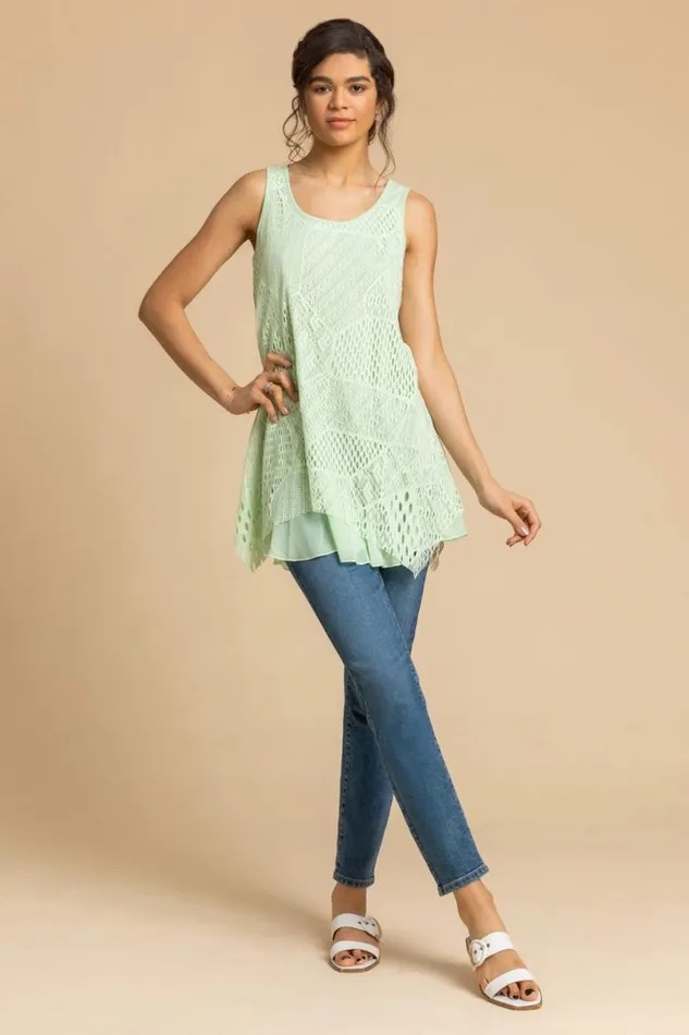 Pale Green Stretch Lace Hanky Hem Vest Top Women Roman Tops