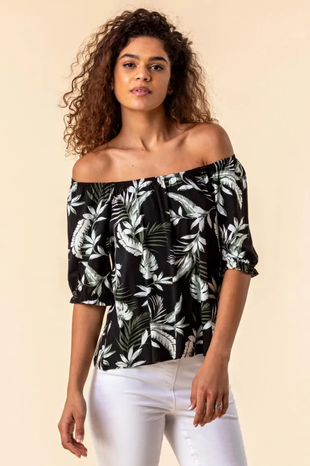 Palm Leaf Print Bardot Top Women Roman Tops