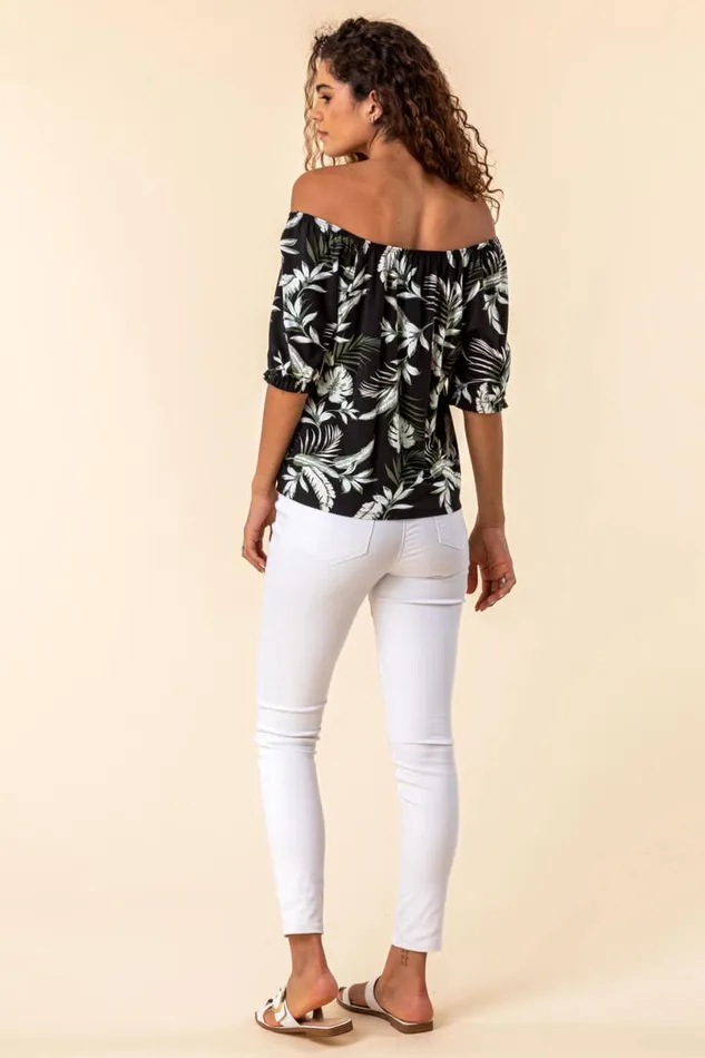 Palm Leaf Print Bardot Top Women Roman Tops