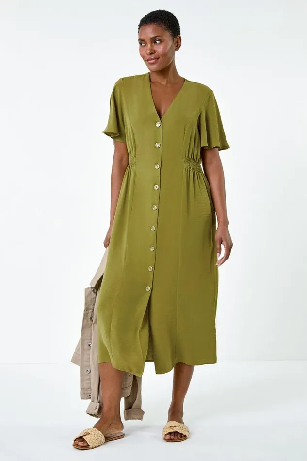Pea Green Button Through Shirred Midi Dress Women Roman Dresses