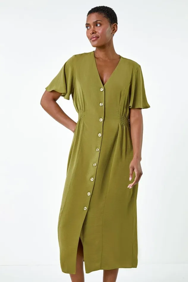 Pea Green Button Through Shirred Midi Dress Women Roman Dresses