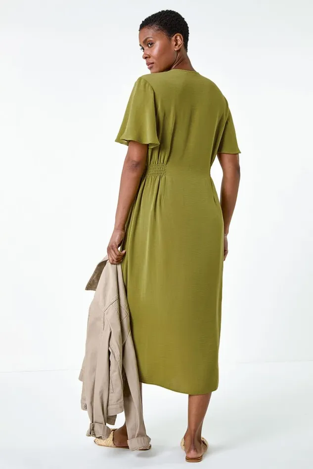 Pea Green Button Through Shirred Midi Dress Women Roman Dresses
