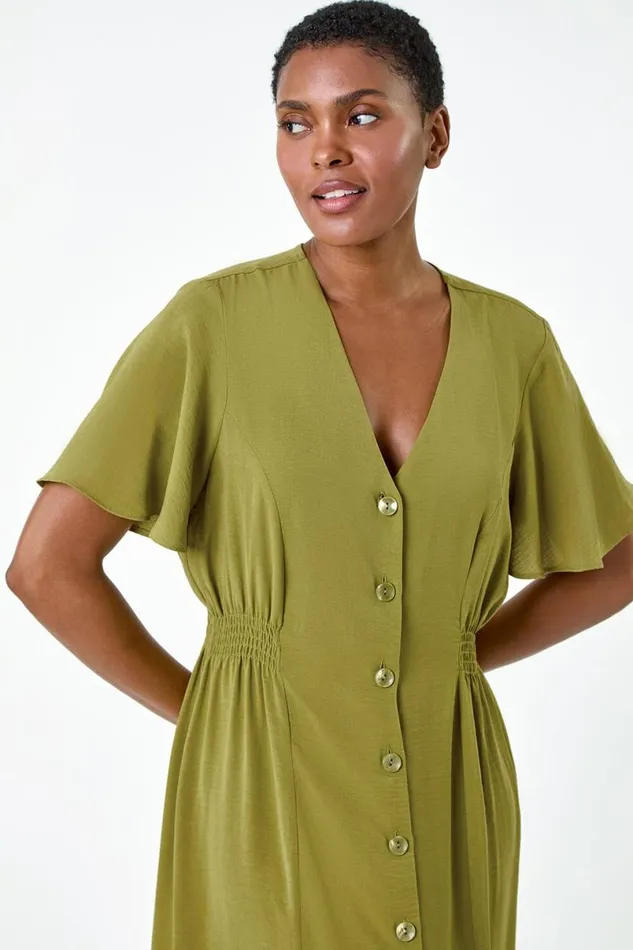Pea Green Button Through Shirred Midi Dress Women Roman Dresses