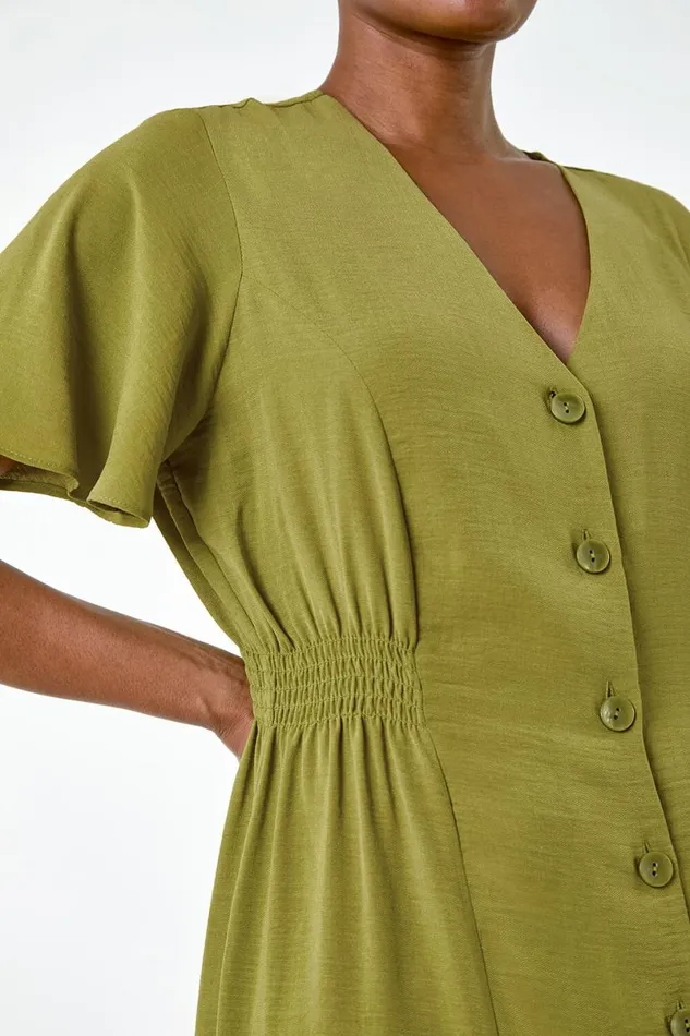 Pea Green Button Through Shirred Midi Dress Women Roman Dresses