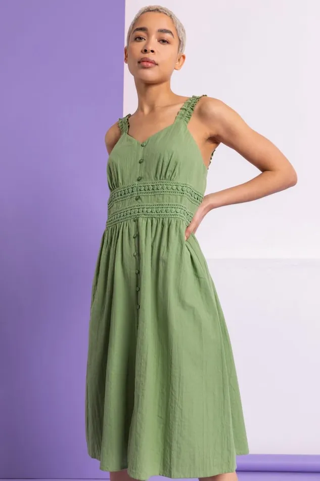 Pea Green Shirred Lace Detail Sundress Women Roman Dresses