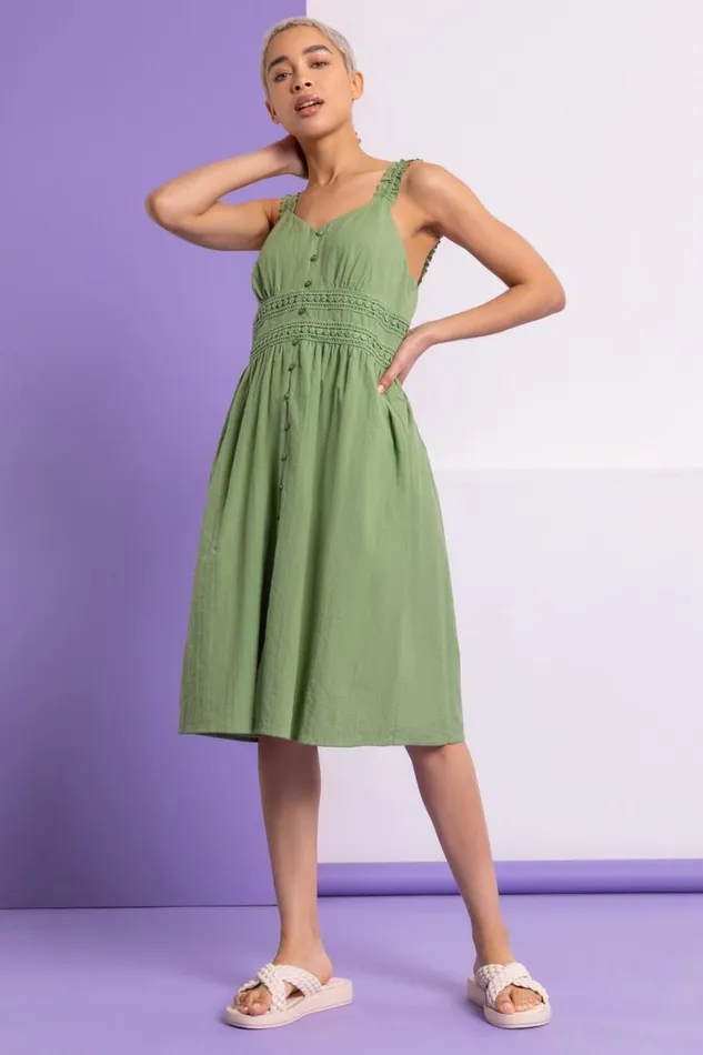 Pea Green Shirred Lace Detail Sundress Women Roman Dresses