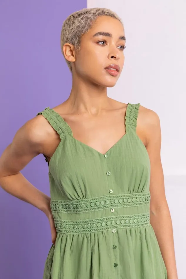 Pea Green Shirred Lace Detail Sundress Women Roman Dresses