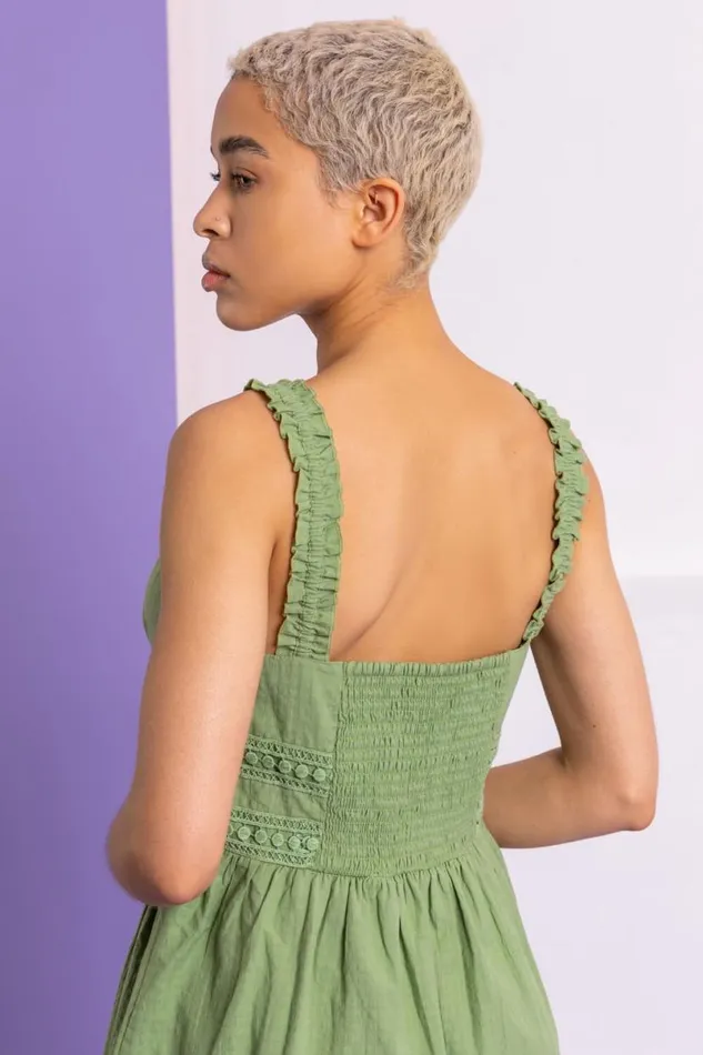 Pea Green Shirred Lace Detail Sundress Women Roman Dresses