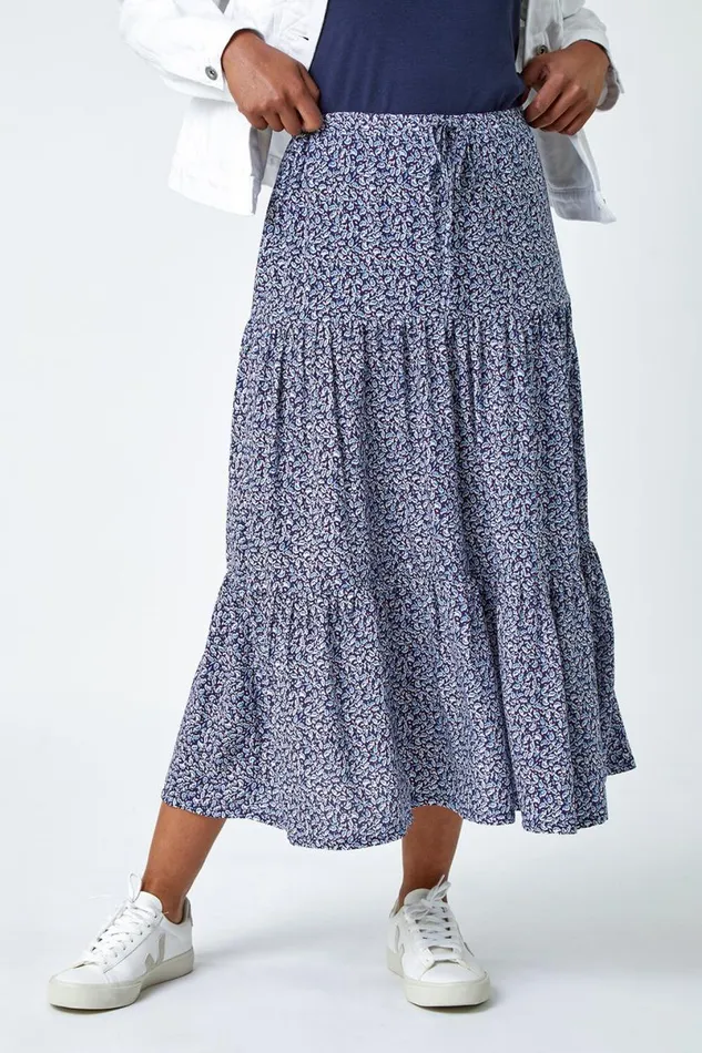 Petite Ditsy Print Tiered A Line Midi Skirt Women Roman Skirts