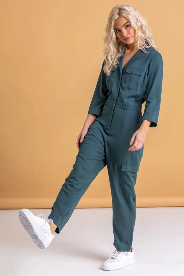 Petrol Utility Jumpsuit With Pockets Women Roman Dresses
