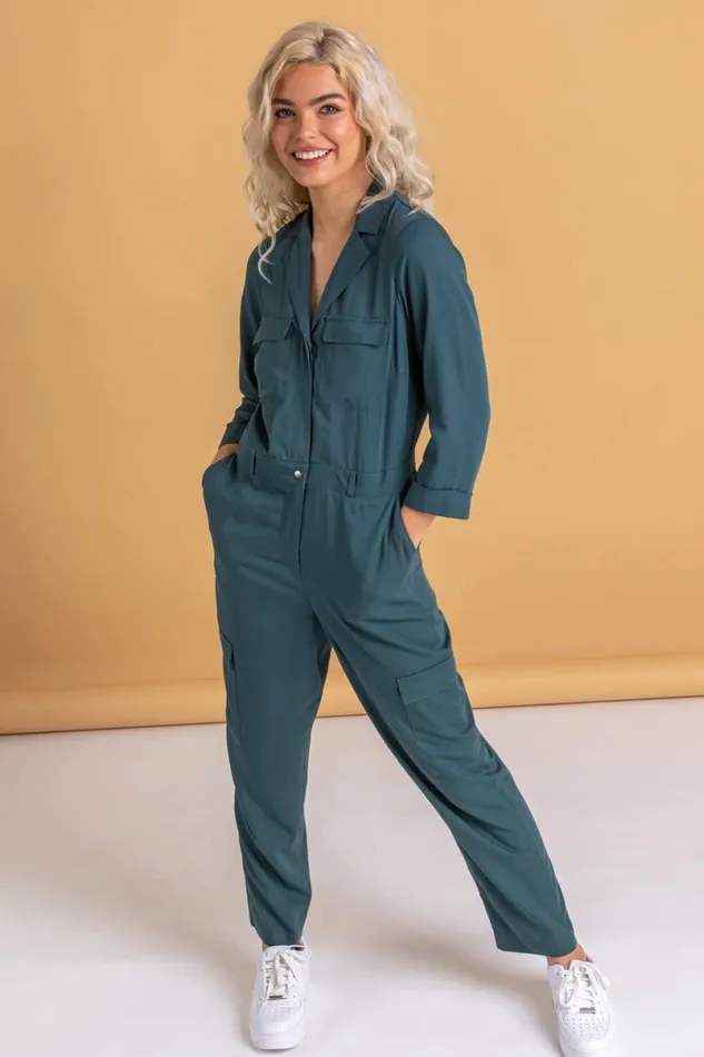 Petrol Utility Jumpsuit With Pockets Women Roman Dresses