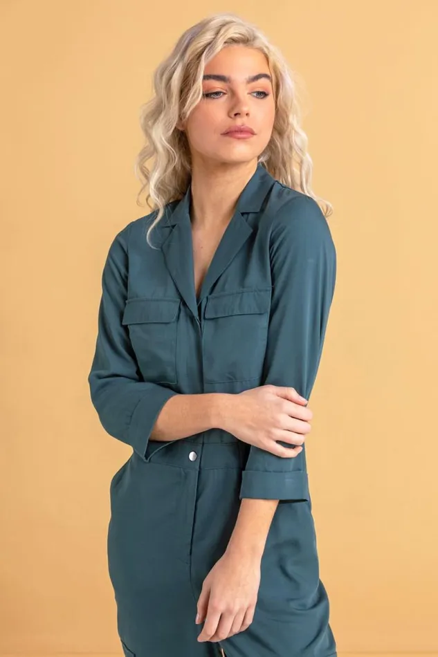 Petrol Utility Jumpsuit With Pockets Women Roman Dresses