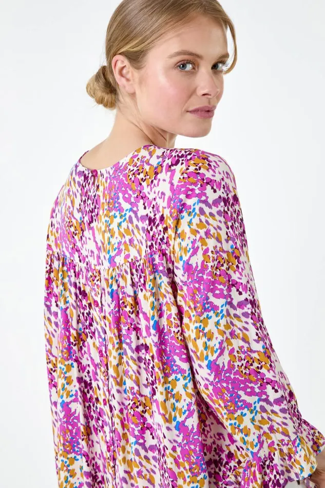 Pink Abstract Animal Dipped Hem Frill Top Women Roman Tops