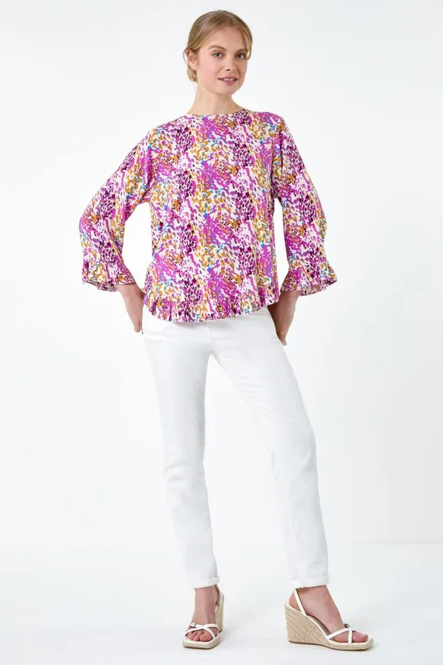 Pink Abstract Animal Dipped Hem Frill Top Women Roman Tops