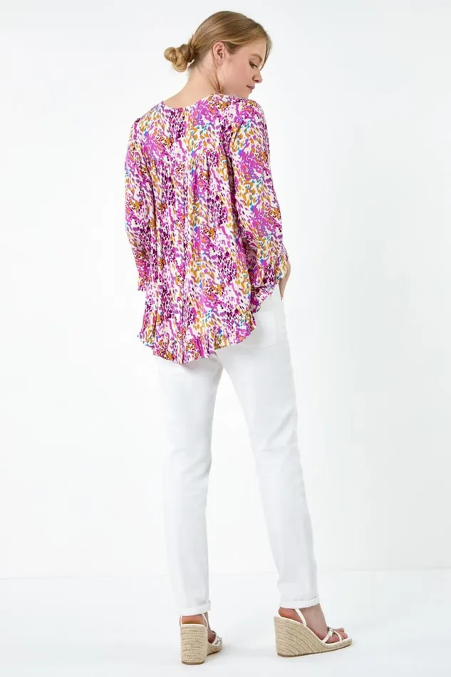 Pink Abstract Animal Dipped Hem Frill Top Women Roman Tops