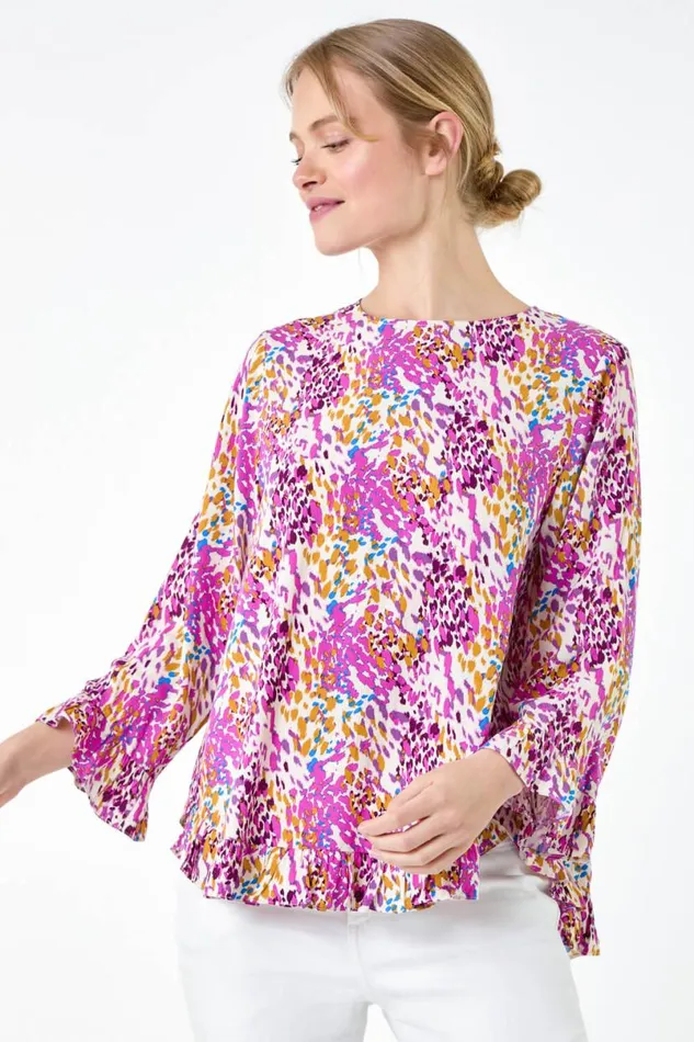 Pink Abstract Animal Dipped Hem Frill Top Women Roman Tops