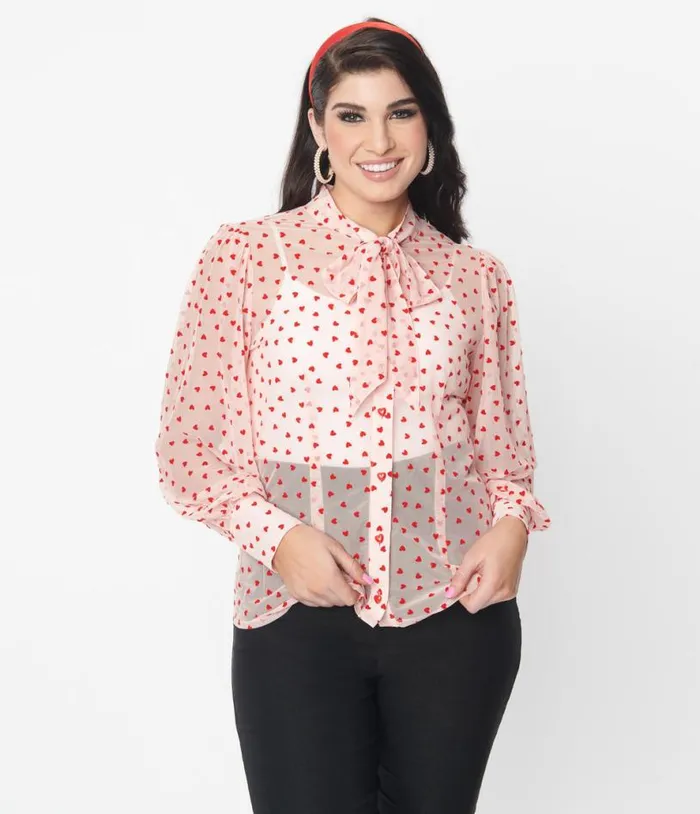 Pink and Red Hearts Gwen Blouse Clothing Unique Vintage Blouses