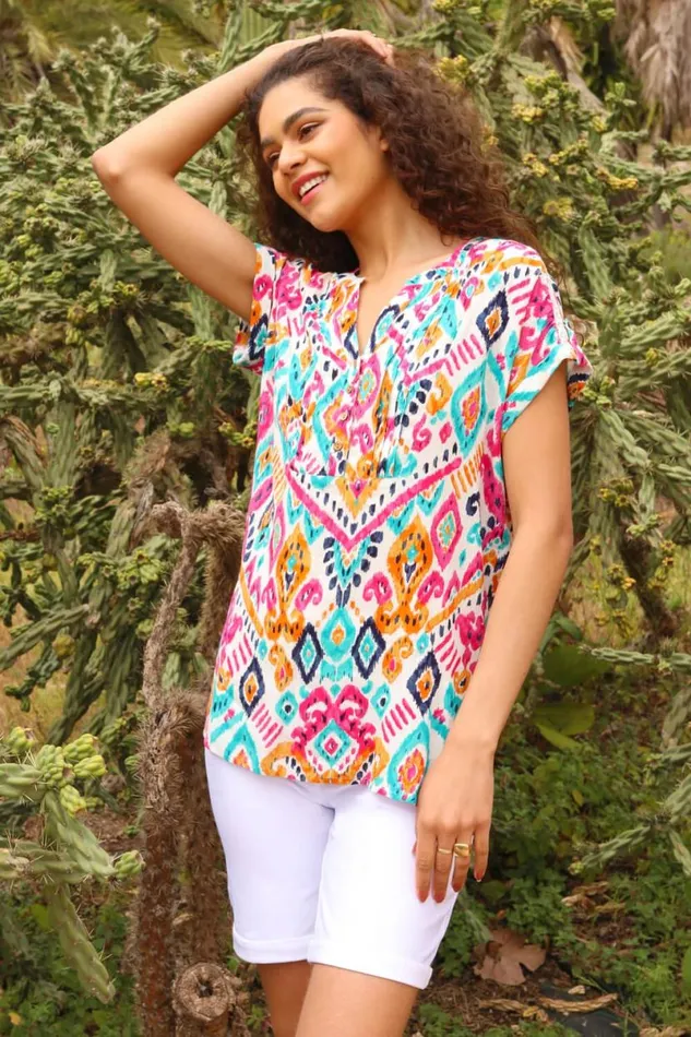Pink Aztec Print Lace Trim VNeck Top Women Roman Tops