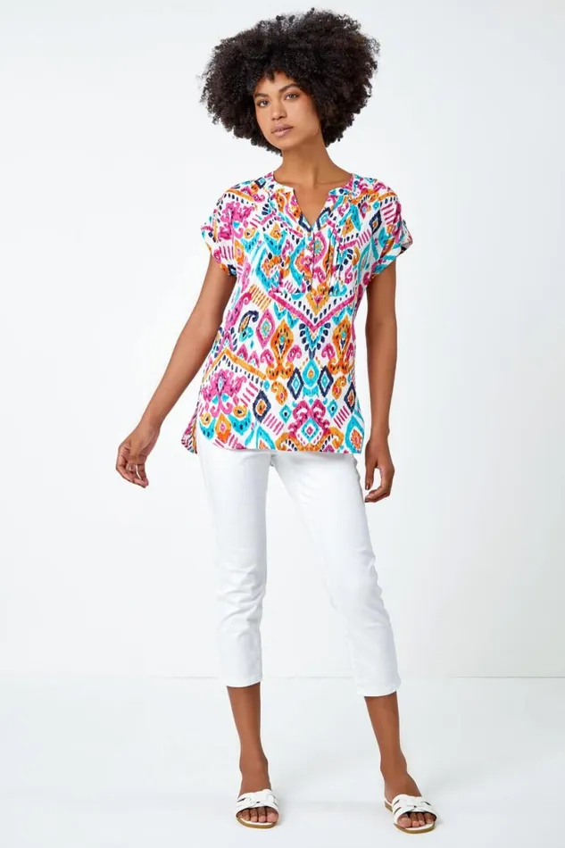 Pink Aztec Print Lace Trim VNeck Top Women Roman Tops