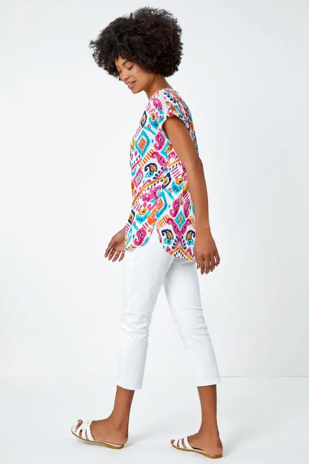 Pink Aztec Print Lace Trim VNeck Top Women Roman Tops
