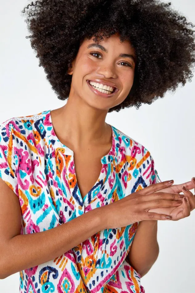 Pink Aztec Print Lace Trim VNeck Top Women Roman Tops