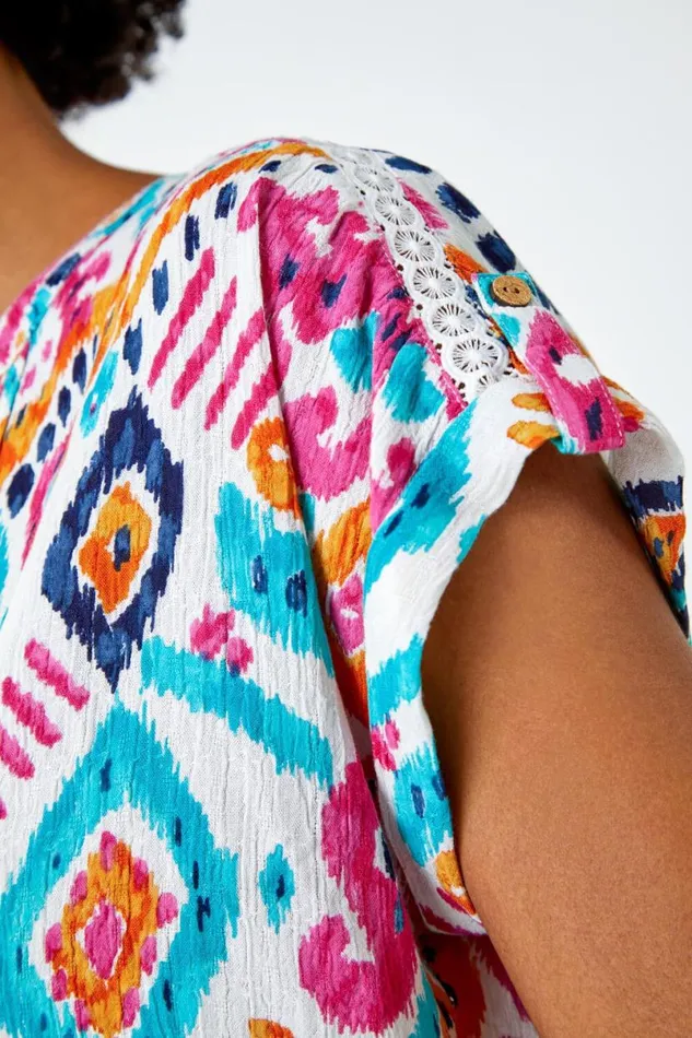 Pink Aztec Print Lace Trim VNeck Top Women Roman Tops