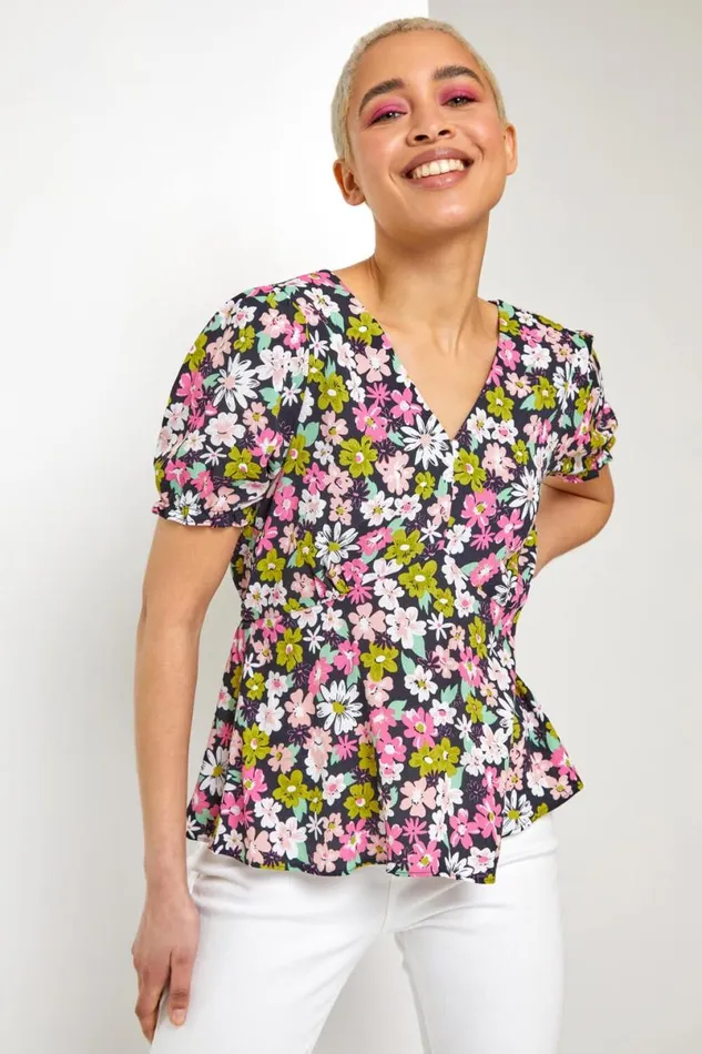 Pink Bold Floral Print Blouse Women Roman Tops