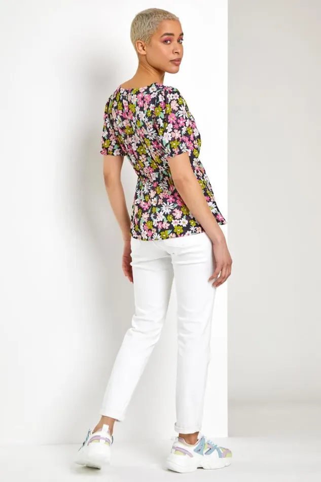 Pink Bold Floral Print Blouse Women Roman Tops