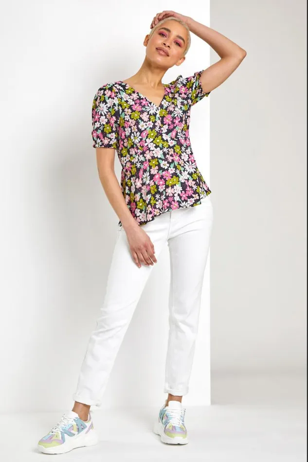 Pink Bold Floral Print Blouse Women Roman Tops