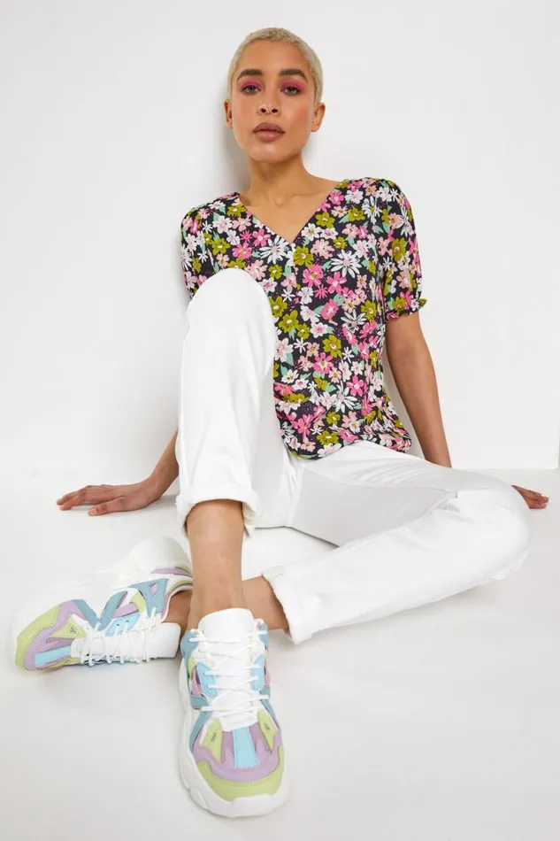 Pink Bold Floral Print Blouse Women Roman Tops