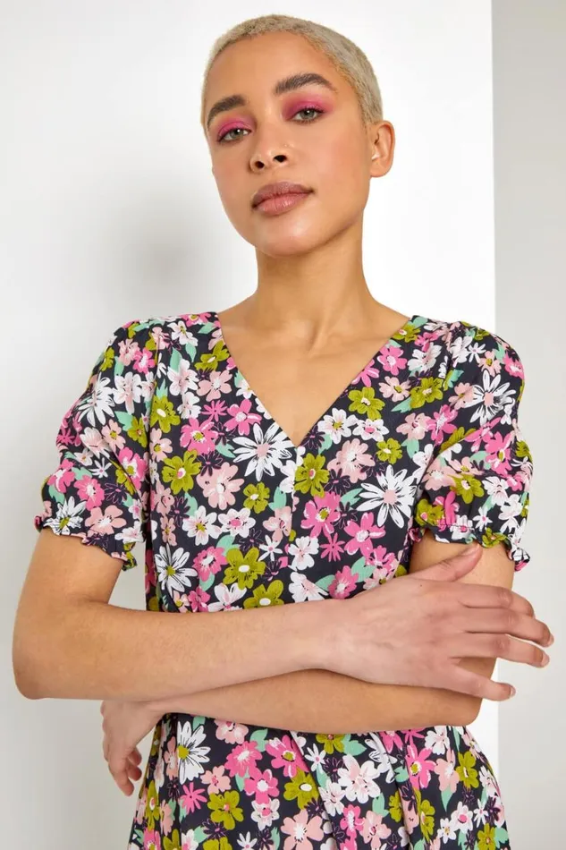 Pink Bold Floral Print Blouse Women Roman Tops