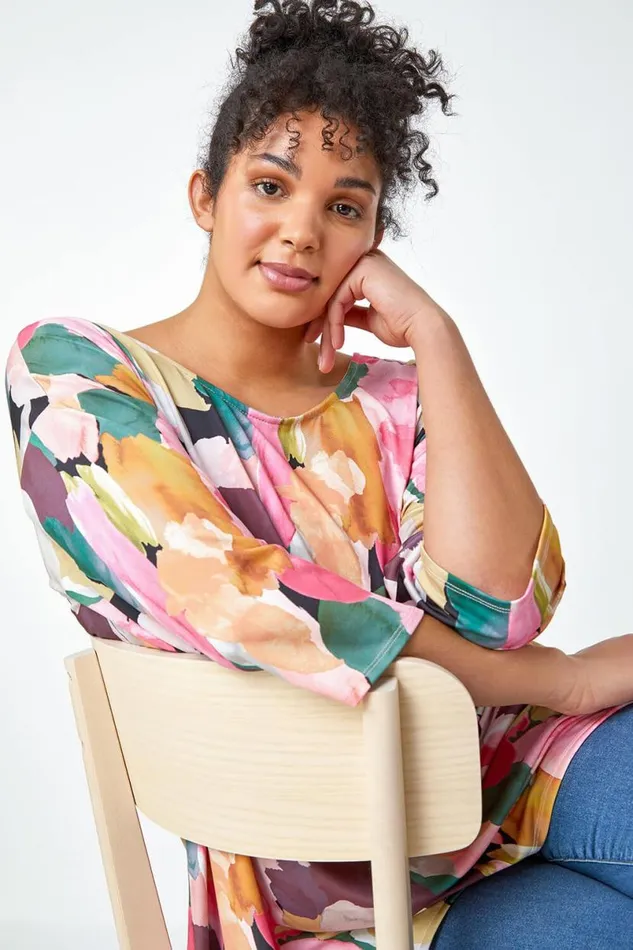 Pink Curve Abstract Bar Back Stretch Top Women Roman Tops