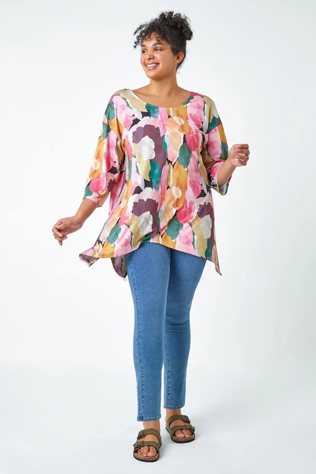 Pink Curve Abstract Bar Back Stretch Top Women Roman Tops