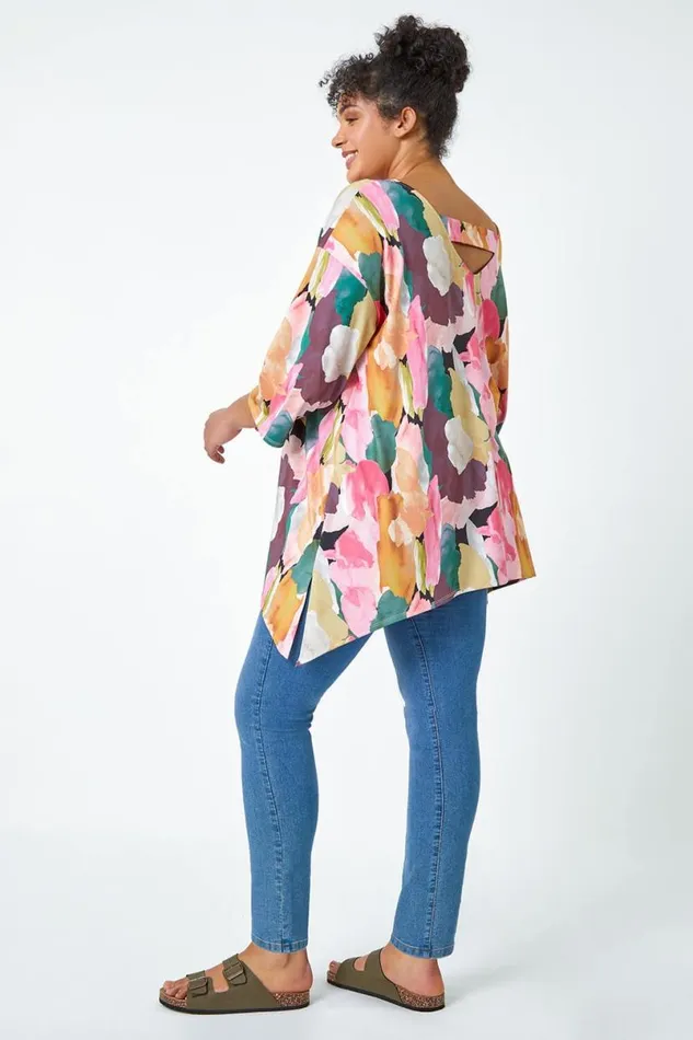 Pink Curve Abstract Bar Back Stretch Top Women Roman Tops