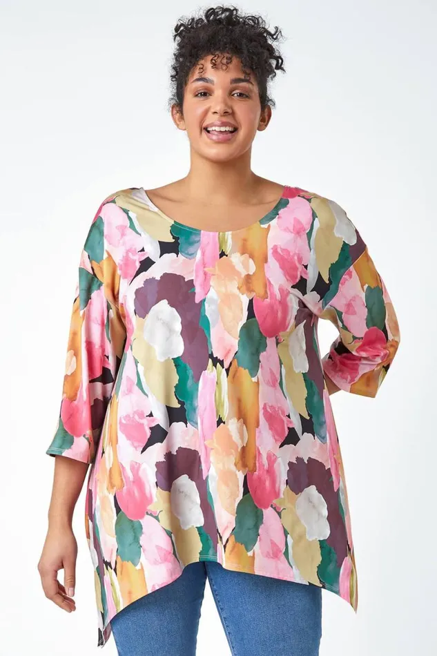 Pink Curve Abstract Bar Back Stretch Top Women Roman Tops