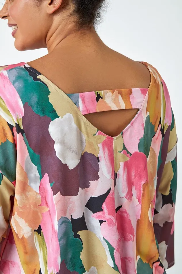 Pink Curve Abstract Bar Back Stretch Top Women Roman Tops
