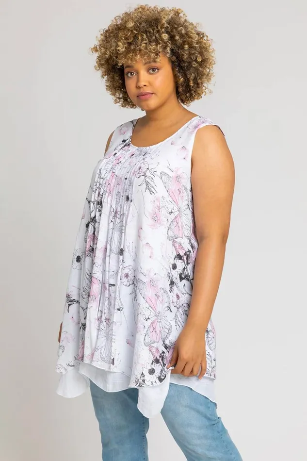 Pink Curve Floral Print Layered Tunic Top Women Roman Tops