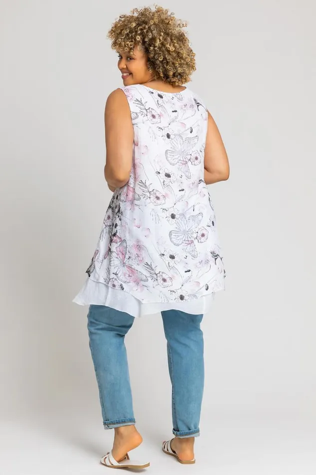 Pink Curve Floral Print Layered Tunic Top Women Roman Tops