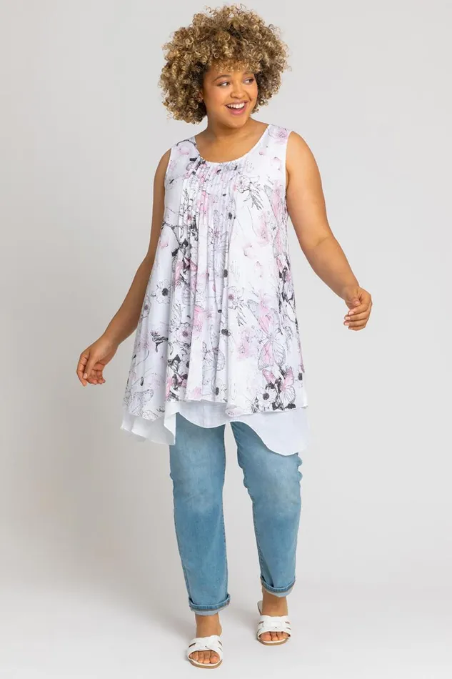 Pink Curve Floral Print Layered Tunic Top Women Roman Tops