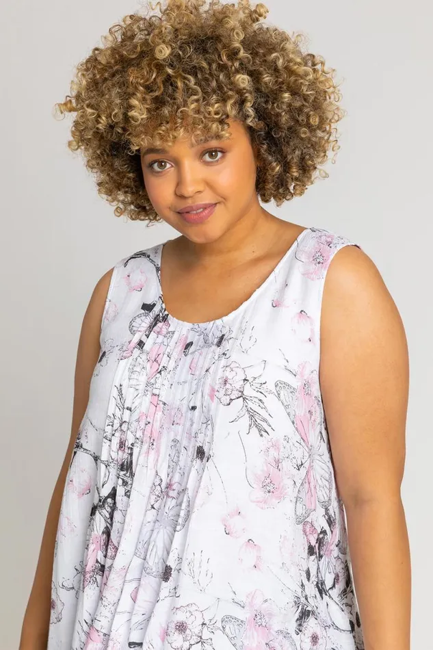 Pink Curve Floral Print Layered Tunic Top Women Roman Tops