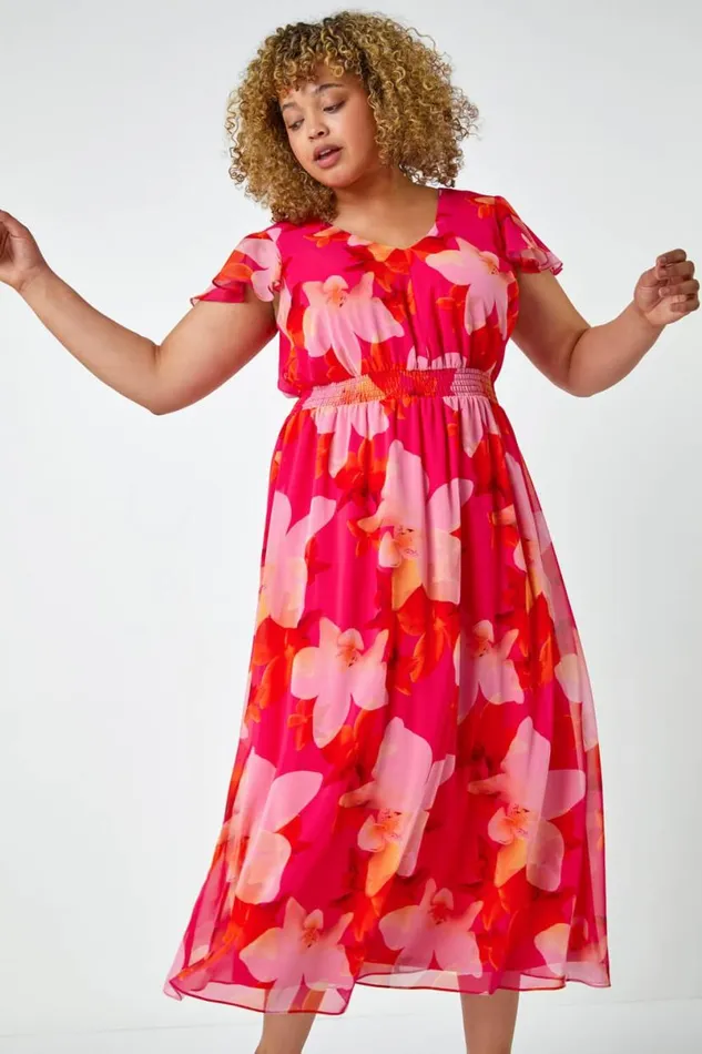 Pink Curve Floral Shirred Chiffon Maxi Dress Women Roman Dresses