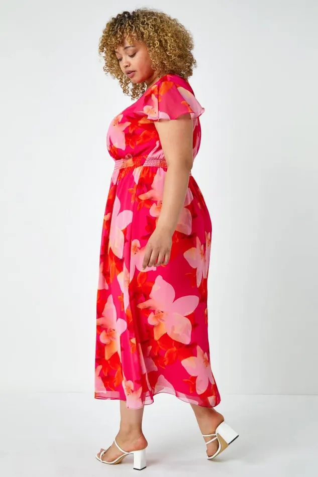 Pink Curve Floral Shirred Chiffon Maxi Dress Women Roman Dresses