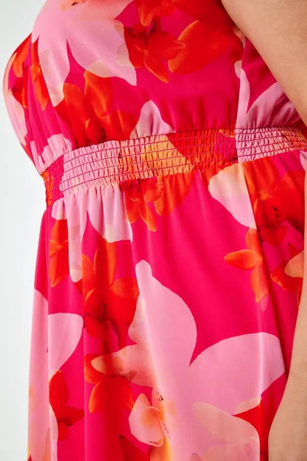 Pink Curve Floral Shirred Chiffon Maxi Dress Women Roman Dresses