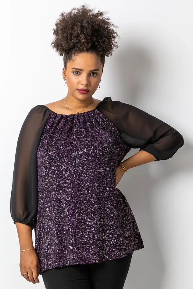 Pink Curve Glitter Pleat Detail Top Women Roman Tops